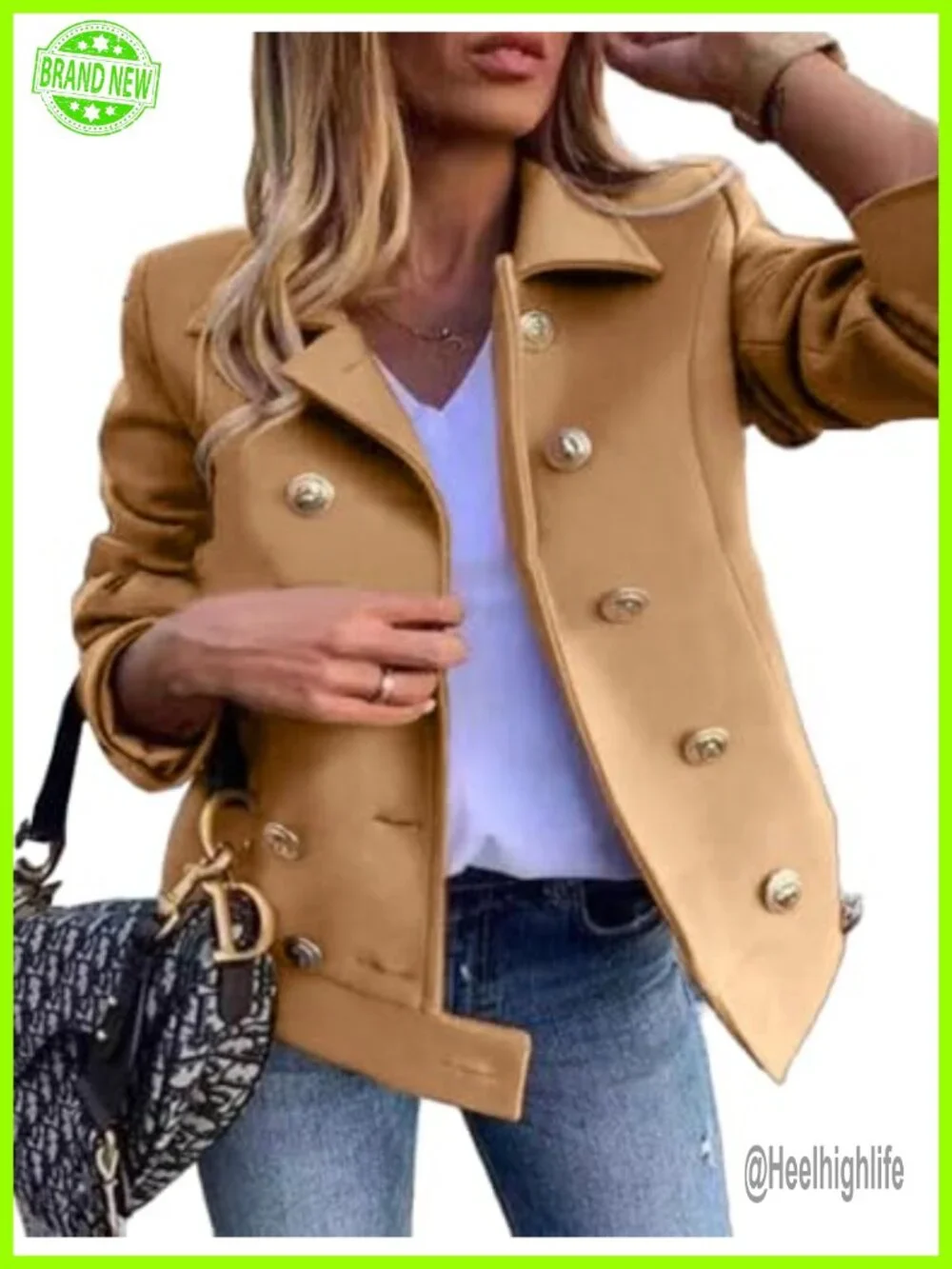 Wool Blend Cropped Double Breasted Peacoat Blazer Jacket